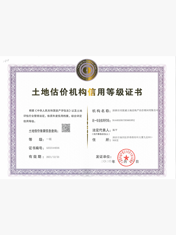 土地(dì / de)估價機構信用等級證書